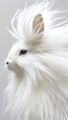 Fototapeta premium A majestic white rabbit with fluffy fur and striking blue eyes against a light background.