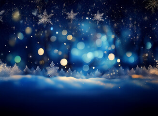 Obraz premium A magical winter night scene. Sparkling snowflakes fall against a backdrop of twinkling blue lights and snow-covered trees. A serene and enchanting winter wonderland.