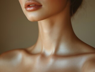 Closeup view of smooth elegant neck with natural skin tones, contours. Soft lighting highlights skin texture, warmth. Natural beauty, grace emphasized. Soft light enhances skin natural beauty,