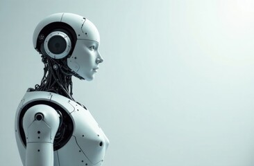 the robot is facing forward and raised his hand up, smiling , household assistants, artificial intelligence, helping a person, light background, free space on the side for text