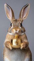 Fototapeta premium A rabbit holding a golden decorative object in its paws against a gray backdrop.