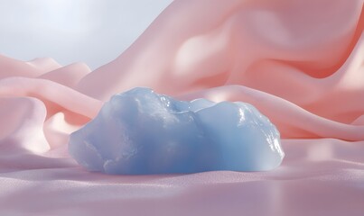 Fototapeta premium Light blue rock on pink silky fabric.
