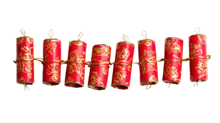 Festive red firecrackers displayed on a traditional string for celebration during Lunar New Year festivities