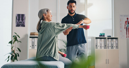 Physiotherapist, arm or senior woman with dumbbells for rehabilitation, muscle exercise or body...