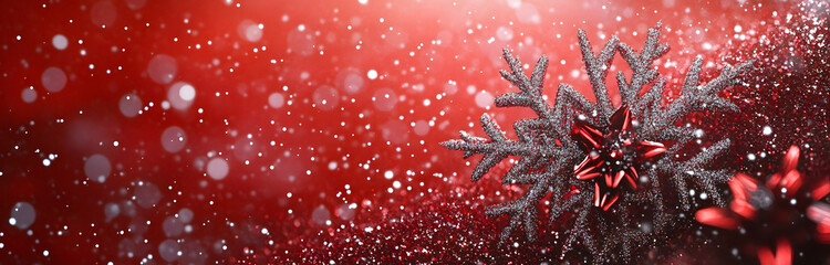Festive red and silver glitter snowflakes with falling snow and bokeh lights on a red background Generative AI
