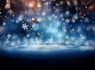Obraz premium Magical winter scene. Falling snowflakes, shimmering lights, and a snowy landscape create a serene, festive atmosphere. Perfect for holiday backgrounds.