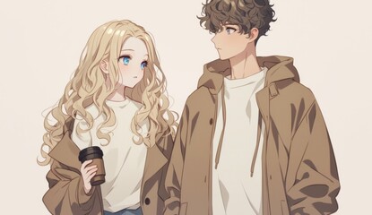 A cute anime couple walking together, the girl with blonde hair and blue eyes holding a coffee cup, and the boy with curly light-brown hair in a grey hoodie, in a cozy outdoor setting.