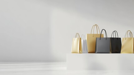 Shopping bags neatly arranged on a sleek counter, symbolizing the balance between consumerism and organization in modern retail environments.