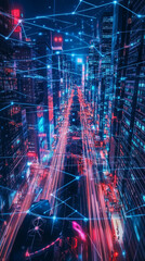 Futuristic Cityscape: Neon Lights, Digital Grid, Night