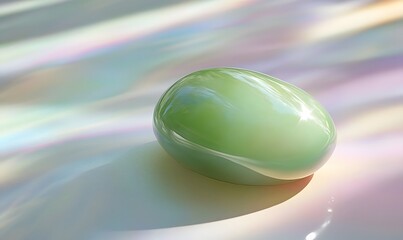 Green gem egg shines with rainbow reflections.