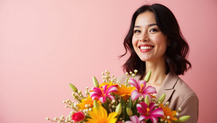 Naklejka premium Radiant woman holding a colorful bouquet,smiling warmly on a colorful background.Young girl with a bouquet of flowers for themes of celebration, joy and appreciation.