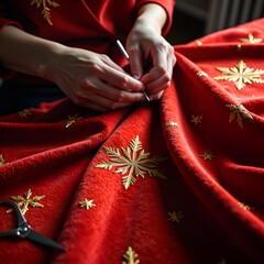 Creating a beautiful red velvet fabric with gold embroidery in a cozy crafting space, photography of artistic crafting concept.