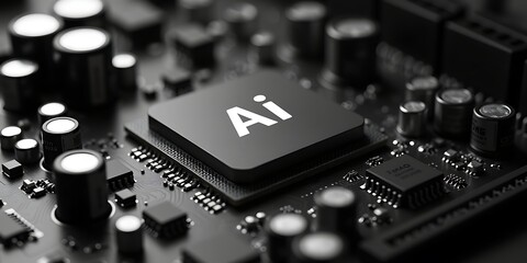 Cutting-Edge Microchip Featuring AI Symbol Representing Advanced Artificial Intelligence Technology for Machine Learning and Computing Applications

