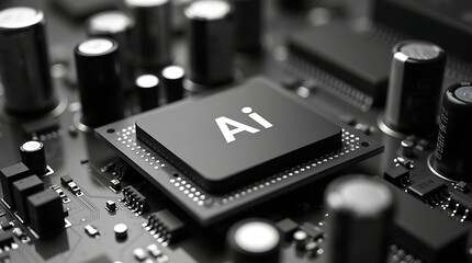 Cutting-Edge Microchip Featuring AI Symbol Representing Advanced Artificial Intelligence Technology for Machine Learning and Computing Applications

