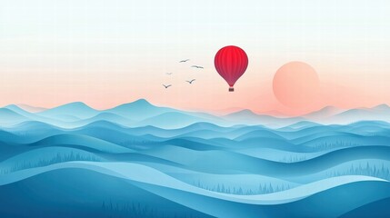 Obraz premium Hot Air Balloon Over Serene Blue Mountains at Sunrise