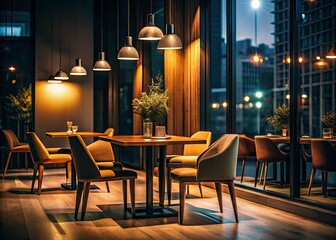 Minimalist Night Restaurant Seating: Dark Ambiance, Empty Chairs, Modern Interior Design