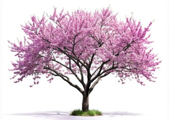 Fototapeta premium Minimalist Purple Cherry Blossom Tree, Isolated White Background, Spring, Nature Photography