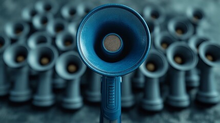 A bold blue megaphone standing out from a crowd of gray ones, symbolizing success, leadership, and the power to be heard in a competitive environment.