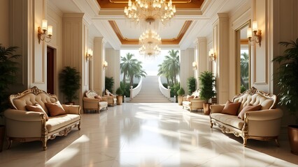 A grand hotel lobby with chandeliers, marble floors, and elegant furniture
