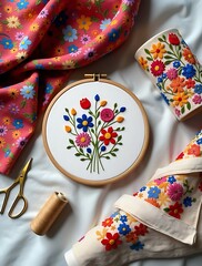 Obraz premium Close-up of Intricate Classic Embroidery Highlighting Detailed Stitch Work and Vibrant Colors in Traditional Textile Arts