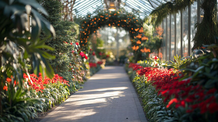 Winter Garden Pathway: Red Flowers, Festive Lights, Botanical Background