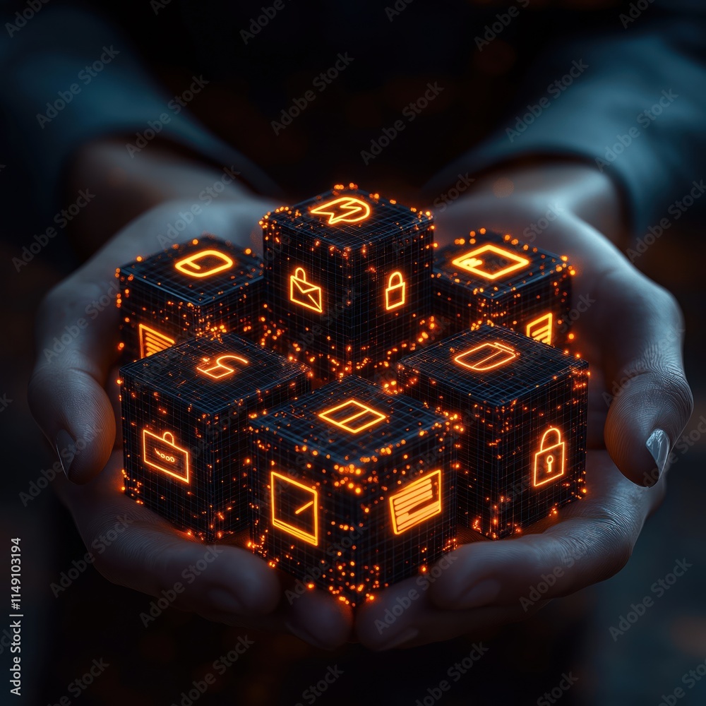 Poster Hands hold glowing cubes showing secure data storage. Network security, data protection concepts illustrated. Icons like encryption, firewall, privacy features displayed on cubes. Modern tech, cyber