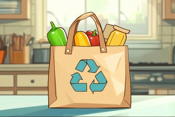 Bright Cartoon Style Illustration of a Recyclable Paper Bag Filled with Fresh Groceries in a Cheerful Kitchen Setting