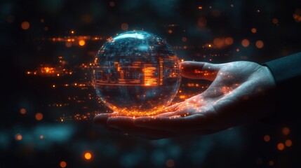 Businessman holds futuristic globe displaying business data. Year 2025. Global tech analysis. Success, growth forecast. Future business planning. Digital sphere in hand. Innovative business concept.