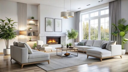 Modern White Living Room Interior Design with Fireplace, Sofa, Armchairs & Large Poster Mockup - Contemporary Home Decor Inspiration