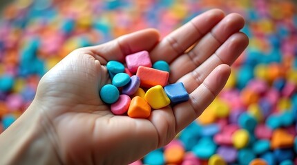 Close-up of a Human Hand Holding Recycled Black and Multicolored Plastic Chips Representing Sustainable Raw Materials for Eco-Friendly Manufacturing Processes

