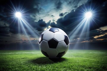 Naklejka premium Night Soccer, Black and White Ball, Green Field, Dramatic Lighting, Monochrome Sports Photography