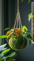 Hanging Kokedama: Moss Ball with Tropical Plants