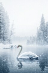 A serene swan glides through a snowy landscape, embodying tranquility in nature.