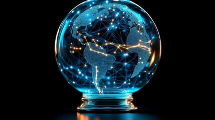 A futuristic globe with data points and connections spanning the continents, representing the global integration of business networks, trade, and communication.