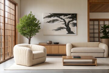 A serene Japandi living room with a beige boucle sofa, sculptural armchair, low wooden table, bold abstract black-brushstroke painting. Warm beiges, light grays, bonsai tree complete minimalist look