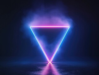 Naklejka premium Futuristic neon triangle shape glowing vibrant colors. Abstract design with glowing lines, smoke on dark background. Dynamic visual effect. Modern technology concept. Great for tech, design, gaming