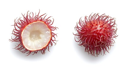 fresh rambutan with hairy red skin and halved piece isolated on white background