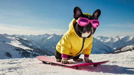 A funny dog in a ski suit and goggles rides a snowboard down the mountain, showing style and speed!