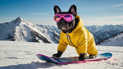A funny dog in a ski suit and goggles rides a snowboard down the mountain, showing style and speed!