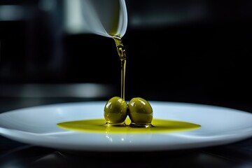 Dripping Olive Oil Over Fresh Green Olives on a White Plate in a Dramatic Kitchen Setting with Macro Photography and Rich Lighting