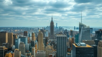Naklejka premium An illuminated aerial view of the New York City skyline at night, reflecting the cityâ€™s dynamic business environment and the global reach of its financial and commercial industries.