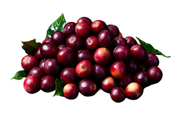 A pile of ripe red fruits with green leaves isolated on a white background, png transparent, showcasing natural freshness and abundance.