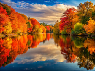 serene autumn landscape featuring vibrant orange, red, and yellow trees reflecting on calm river under blue sky with fluffy clouds. scene evokes tranquility and natural beauty