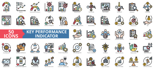 Fototapeta premium Key performance indicator icon collection set. Containing metrics, performance, indicator, targets, objective, measurement, improvement icon. Simple flat outline vector illustration.