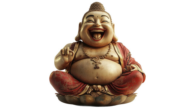 Serene laughing Buddha statue in traditional attire showcasing joy and tranquility in artistic design