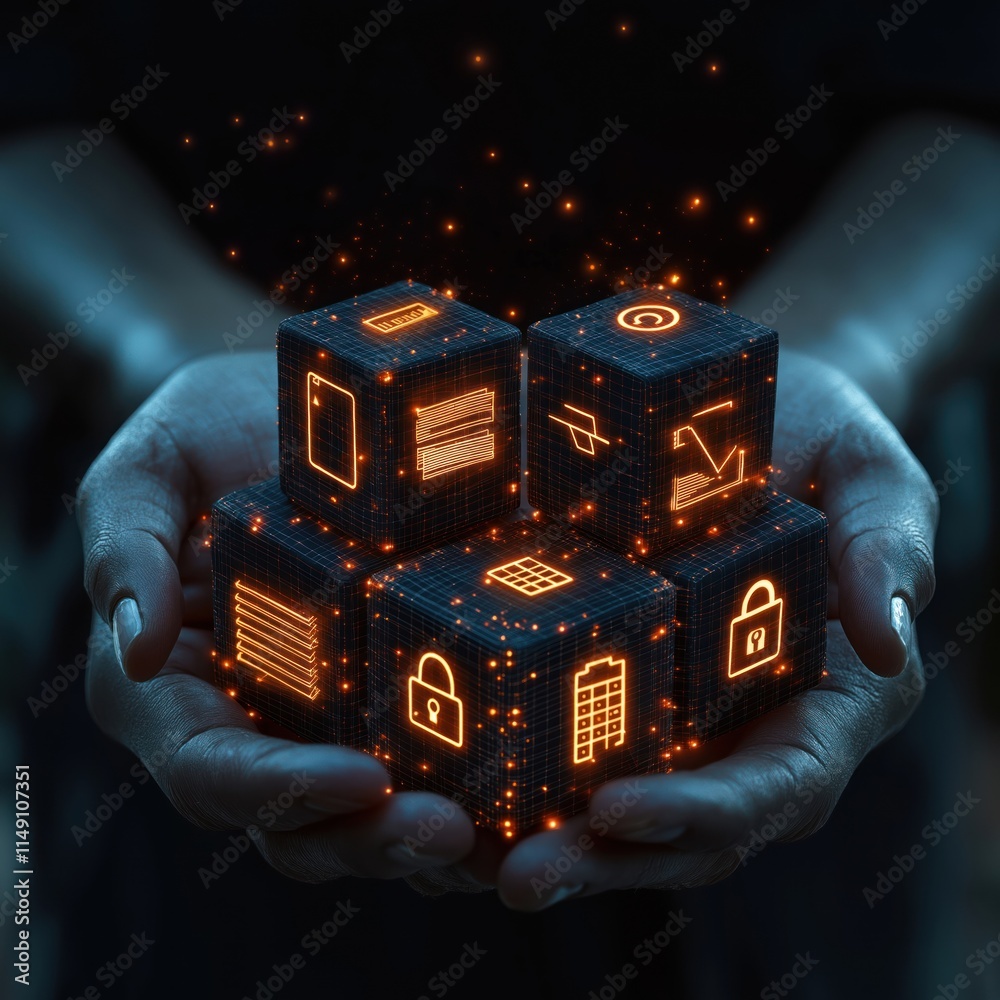 Poster hands hold glowing cubes representing secure data storage. digital icons show network security. illu