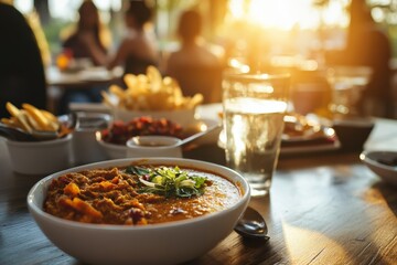 Close-Up of Delicious Canai with Dhal and Curry in a Warm Cafe Setting Surrounded by Sides and Natural Light