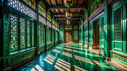 vibrant interior showcasing intricate green woodwork and traditional architecture, illuminated by sunlight casting shadows on polished floor