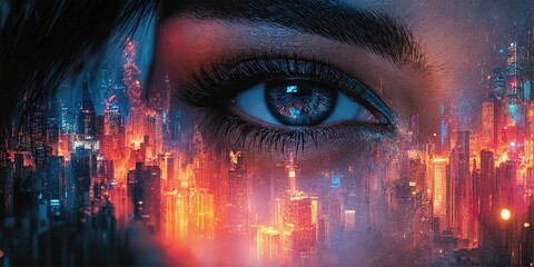 An artistic depiction of a human eye merging with a vibrant cityscape, ideal for digital art projects, advertisements, or futuristic themes.