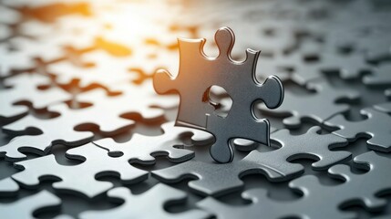 A single brightly colored puzzle piece standing out in a sea of grey, representing the power of innovation to differentiate a business and drive it ahead of its competitors.